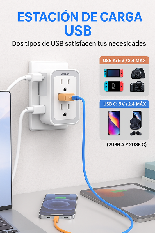 Múltiple Enchufe de Pared 10 en 1 con USB y USB-C – Carga Segura y Rápida